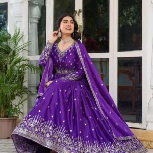 Women's American Silk Sequence Embroidery Long Anarkali Kurti (Gown) With Dupatta